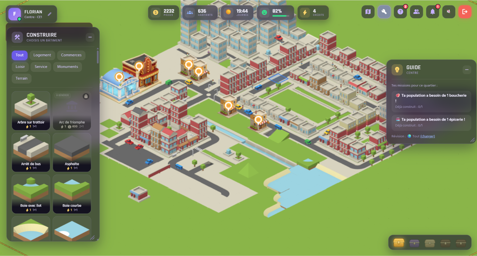 Vue d'une ville construite dans le jeu éducatif Memopolis, avec le menu de construction