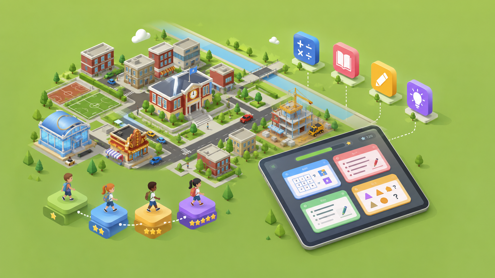 Questions de mathématiques et de français sur une tablette, à côté d'une ville en construction