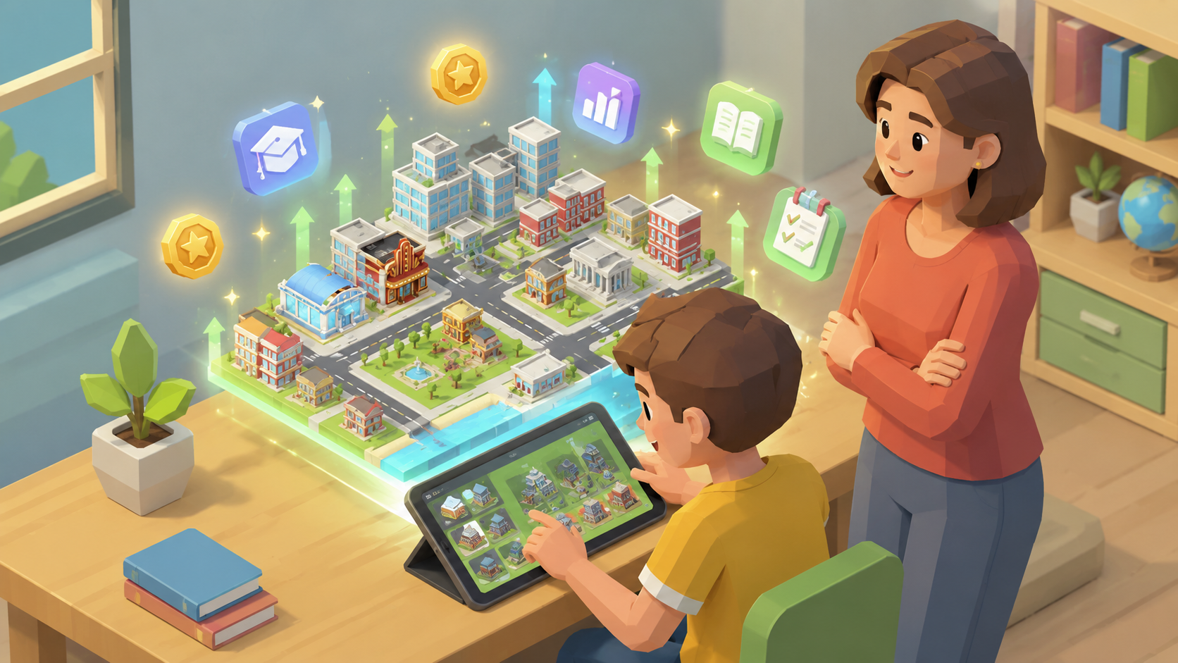 Un parent observe la ville pendant que l'enfant joue sur une tablette